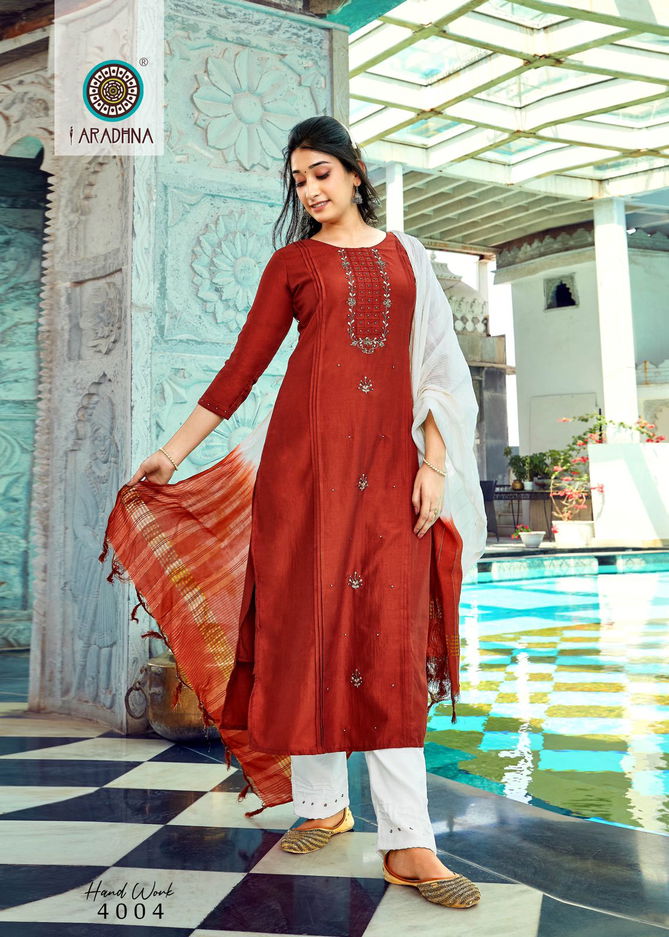 Aradhna Hand Work 4 New Exclusive Wear Fancy Kurti With Pant And Dupatta Collection